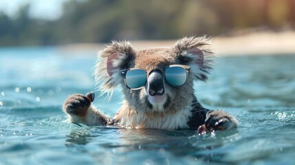 Cute funny koala wearing sunglasses and floating in a ocean. Happy pet swim in ocean or sea, play in the water