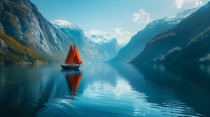 A boat sailing on a clear lake surrounded by snow-capped mountains. - Powered by Adobe