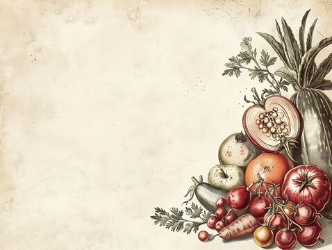 Vintage fruit and vegetable illustration on parchment background, ideal for culinary, kitchen decor or recipe book designs.