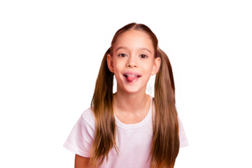 Close up photo beautiful amazing she her little lady pretty nice hairdress weekend vacation mood tongue out mouth silly game play wear casual white t-shirt isolated pink rose bright background