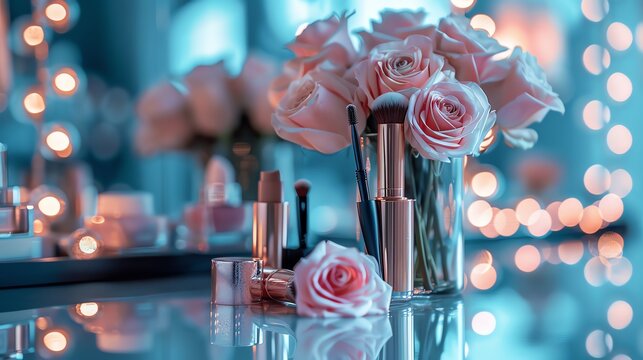 Pink roses and makeup brushes on a vanity table with bokeh lights