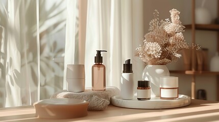 Minimalist skincare products on a tray near a window with natural light.