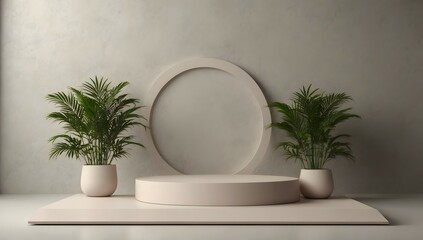 minimal background with clean podium for product presentation, leaf around the podium
