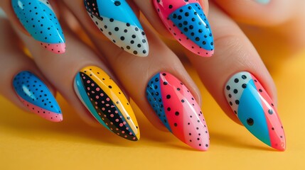 Closeup of colorful, geometric nail art with polka dots on long, almond-shaped nails.
