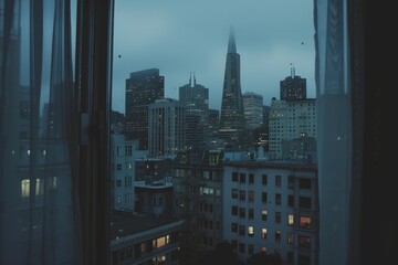 A cinematic photo of the San Francisco skyline at dusk, shot from an apartment window. An overcast sky with a low angle and dark tones, city lights on buildings.