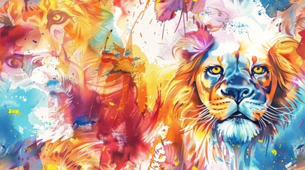 Majestic lion painted in bold watercolors, cartoon king of the jungle seamless pattern