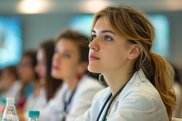 Fototapeta premium portrait of a young female doctor listening attentively at a medical conference