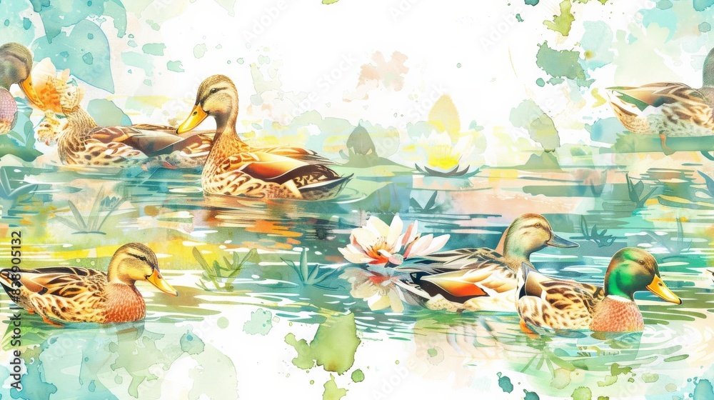 Wall mural Lively watercolor scene of ducks swimming in a pond --ar 16:9 --tile Job ID: 7e1b51c4-5d53-4023-8d90-86e2e2db7ab5