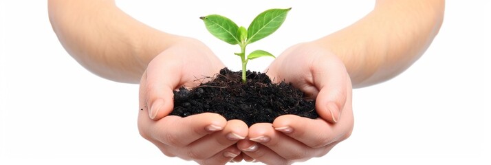 Plant in hands isolated, young sprout, new plant growing in soil, organic farming, environment care, earth day