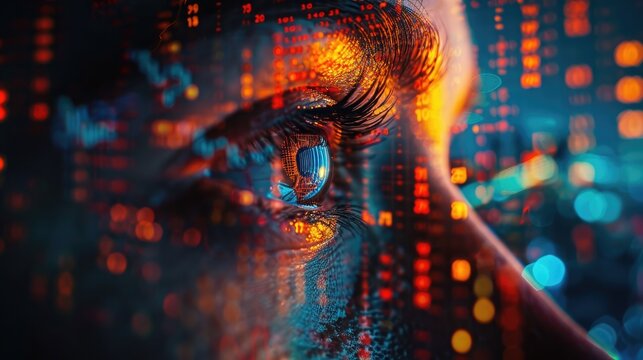 A closeup of an eye reflects stock market charts, symbolizing awareness of trading business trends with digital visualizations representing financial trading data on background