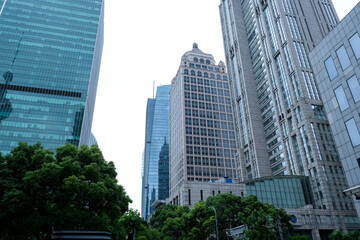 Skyscrapers in modern Shanghai city of China. Glass modern high buildings