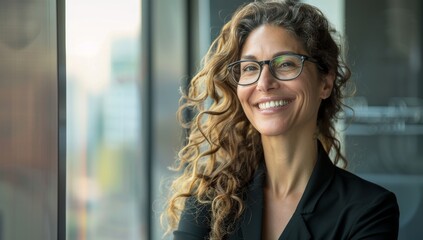 Woman late thirties, happy cheerful professional business woman, laughing female office worker wearing glasses looking away at copy space advertising job opportunities or good business services