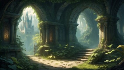 Enchanted magical land with portals, forests and mysterious creatures