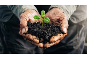 Plant in hands, young sprout, new plant growing in soil, organic farming, environment care, earth day