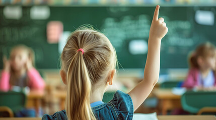 Close up of a child girl with blonde hair sitting in a classroom and raising her hand to ask the teacher a question during class at school