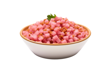 A Bowl of Pink Cubes: A Surreal Feast on a White or Clear Surface PNG Transparent Background.