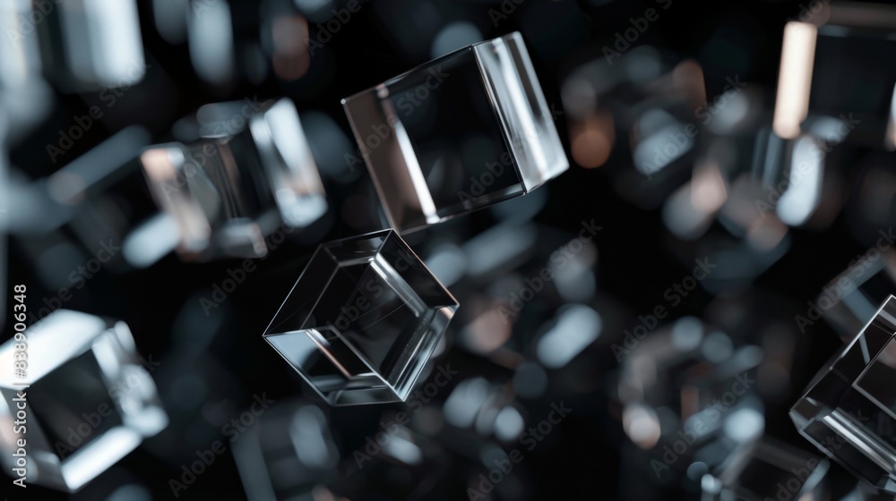 Wall mural abstract close-up of transparent geometric cubes floating with depth of field against a dark backgro