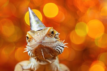 Fototapeta premium closeup portrait of happy lizard in a party hat on a orange bokeh background. Birthday party of celebration concept
