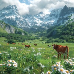 Fototapeta premium Idyllic Scene of Cows Grazing in Lush Meadow with Majestic Mountains in Background Under Soft Sky - Realistic Landscape Photography