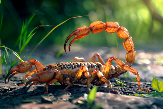 Aggressive Scorpion in the forest, close up view.