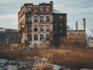 A professional photography of an old Desolate Factory building.