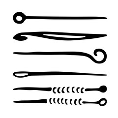 Needles, knitting needles and pins. Tailor tools set. Black and white icons. Hand drawn logo collection. Vector illustration