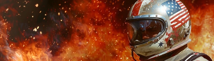 Fototapeta premium Helmet visor reflecting fire and American flag, detailed, realistic, dramatic lighting, intense scene