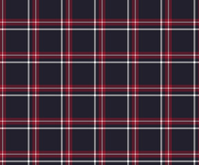 Plaid pattern, navy blue, red, white, seamless pattern for textiles, and for designing clothing, skirts, pants or decorative fabric. Vector illustration.
