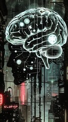 Glowing brain hologram in tech setting, detailed, realistic, bright neon lights, futuristic atmosphere