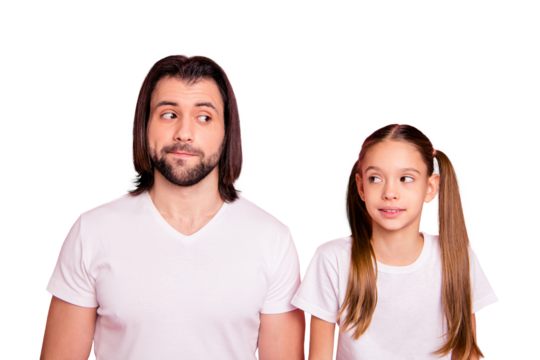 Close up photo beautiful funky she her little small lady he him his daddy look side empty space ignoring mistake listen wonder wear casual white t-shirts denim jeans isolated pink bright background
