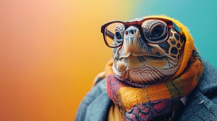 Modern turtle in fashionable trendy outfit with hipster glasses and business suit. Creative animal concept banner. Pastel background banner with copyspace