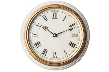 Gleaming Elegance: White and Gold Clock Timeless Charm on a White or Clear Surface PNG Transparent Background.