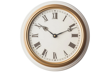 Gleaming Elegance: White and Gold Clock Timeless Charm on a White or Clear Surface PNG Transparent Background.