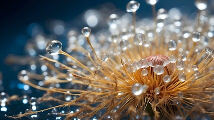 Immerse yourself in the enchanting world of macro photography as this captivating image reveals the delicate beauty of dandelion seeds on a mirror surface, adorned with shimmering water droplets, offe