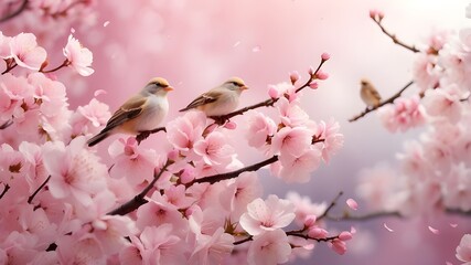 Experience the serenity of springtime with this enchanting natural background, where soft pink sakura blooms dance against a bright backdrop, accompanied by the cheerful melodies of birds.