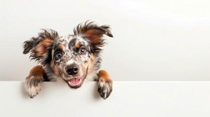 Naklejka premium Portrait of a cute and happy puppy dog filled with joy in a studio with a white background for an animal or pets collection with copyspace