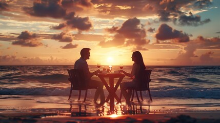 Obraz premium A couple enjoying a romantic dinner on a beach at sunset.