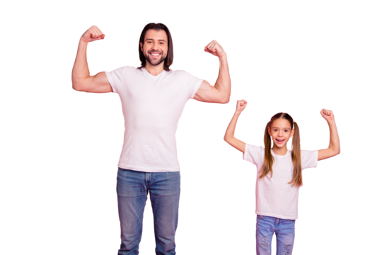 Close up photo beautiful she her little small lady he him his daddy showing muscular hands arms fists one team teamwork winners wear casual white t-shirts denim jeans isolated pink bright background - Powered by Adobe