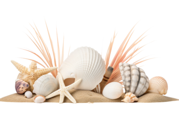 Whispers of the Tide: Seashells and Starfish Dance on the Beach on a White or Clear Surface PNG Transparent Background.