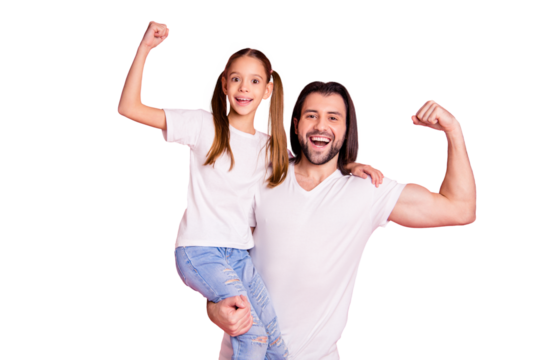 Close up photo beautiful she her little small lady he him his daddy showing muscular hands arms fists one team teamwork winners wear casual white t-shirts denim jeans isolated pink bright background - Powered by Adobe