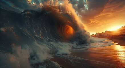 waves on the beach with sunset view