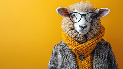 Modern sheep in fashionable trendy outfit with hipster glasses and business suit. Creative animal concept banner. color background banner with copyspace