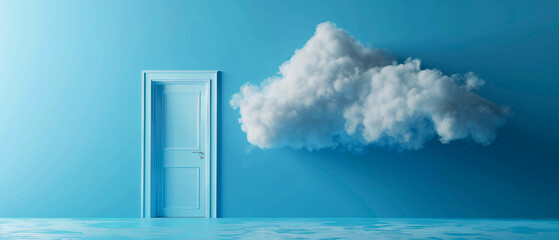 3d rendering, abstract blue background with open door and white clouds flying out