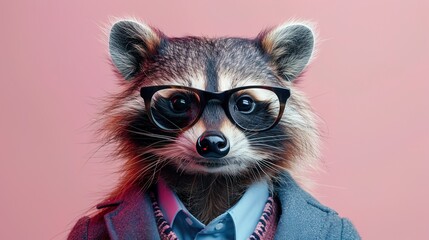 Modern racoon in fashionable trendy outfit with hipster glasses and business suit. Creative animal concept banner. color background banner with copyspace