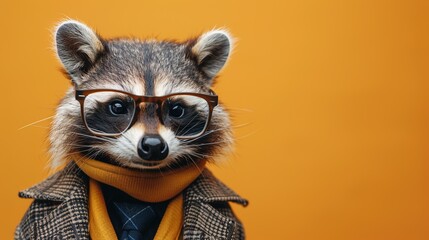 Modern racoon in fashionable trendy outfit with hipster glasses and business suit. Creative animal concept banner. color background banner with copyspace