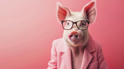 Modern pig in fashionable trendy outfit with hipster glasses and pink business suit. Creative animal concept banner. Pastel pink background banner with copyspace 