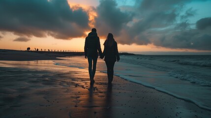 A couple holding hands and walking along the shoreline at dusk.