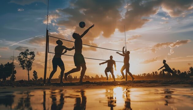 a dynamic scene of a group of friends engaged in a beach volleyball game at sunset. The players are silhouetted against the vibrant sky
