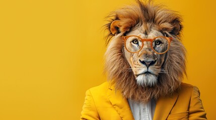 Modern Lion in fashionable trendy outfit with hipster glasses and yellow business suit. Creative animal concept banner. Pastel yellow background banner with copyspace