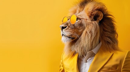 Modern Lion in fashionable trendy outfit with hipster glasses and yellow business suit. Creative animal concept banner. Pastel yellow background banner with copyspace